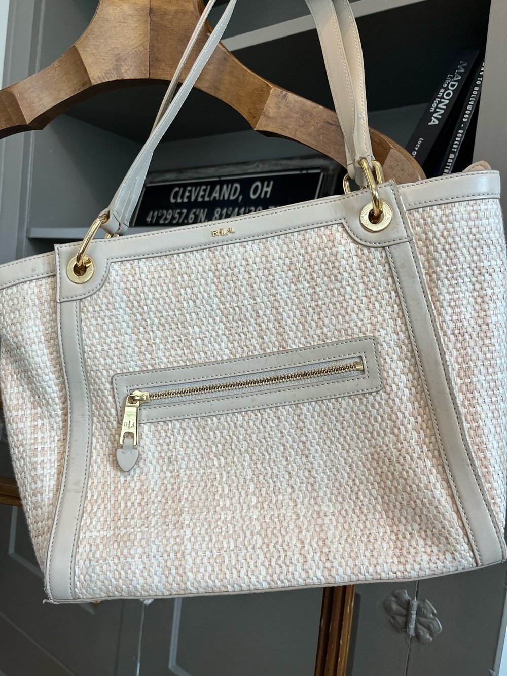 Ralph Lauren Cream and Beige Woven Tote with Gold Hardware